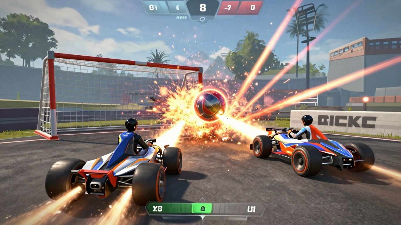 Rocket League cars in action during a competitive match.