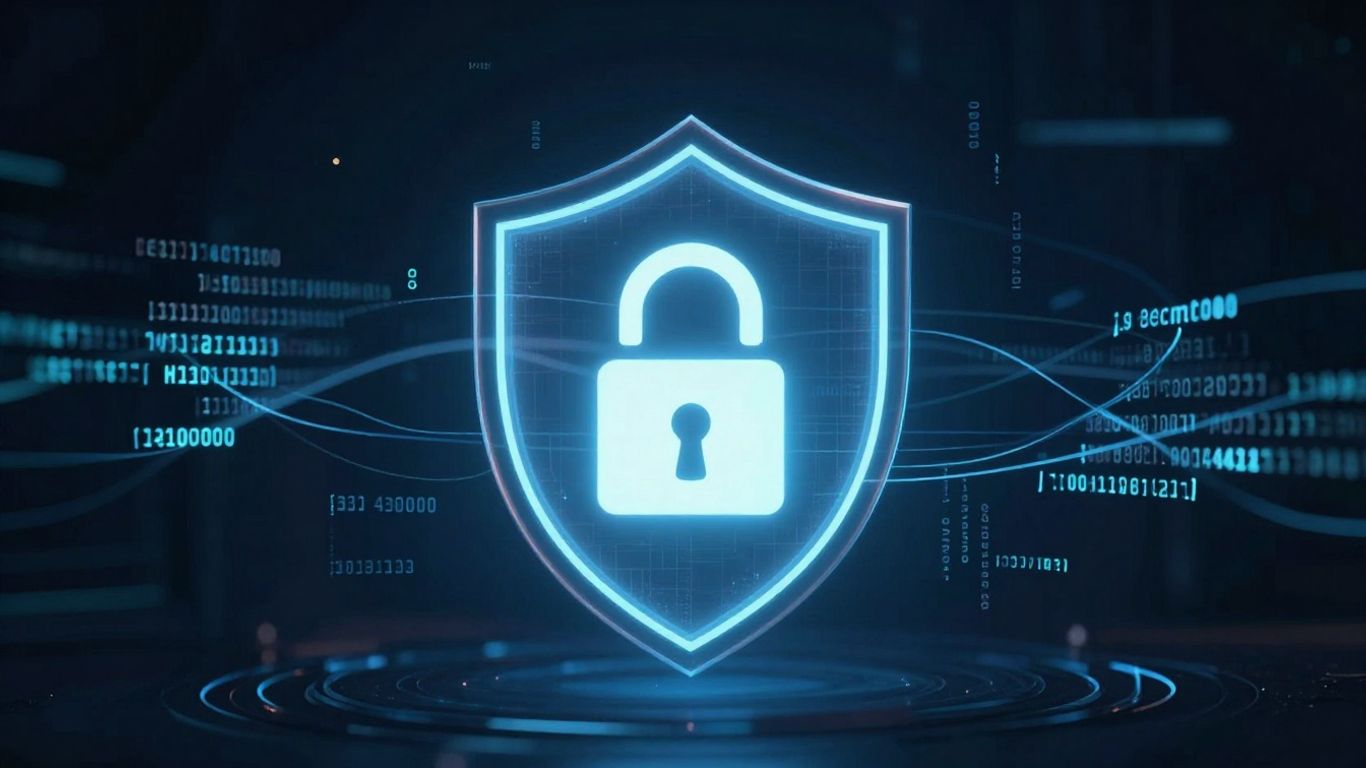 Digital shield protecting a lock icon, abstract code.