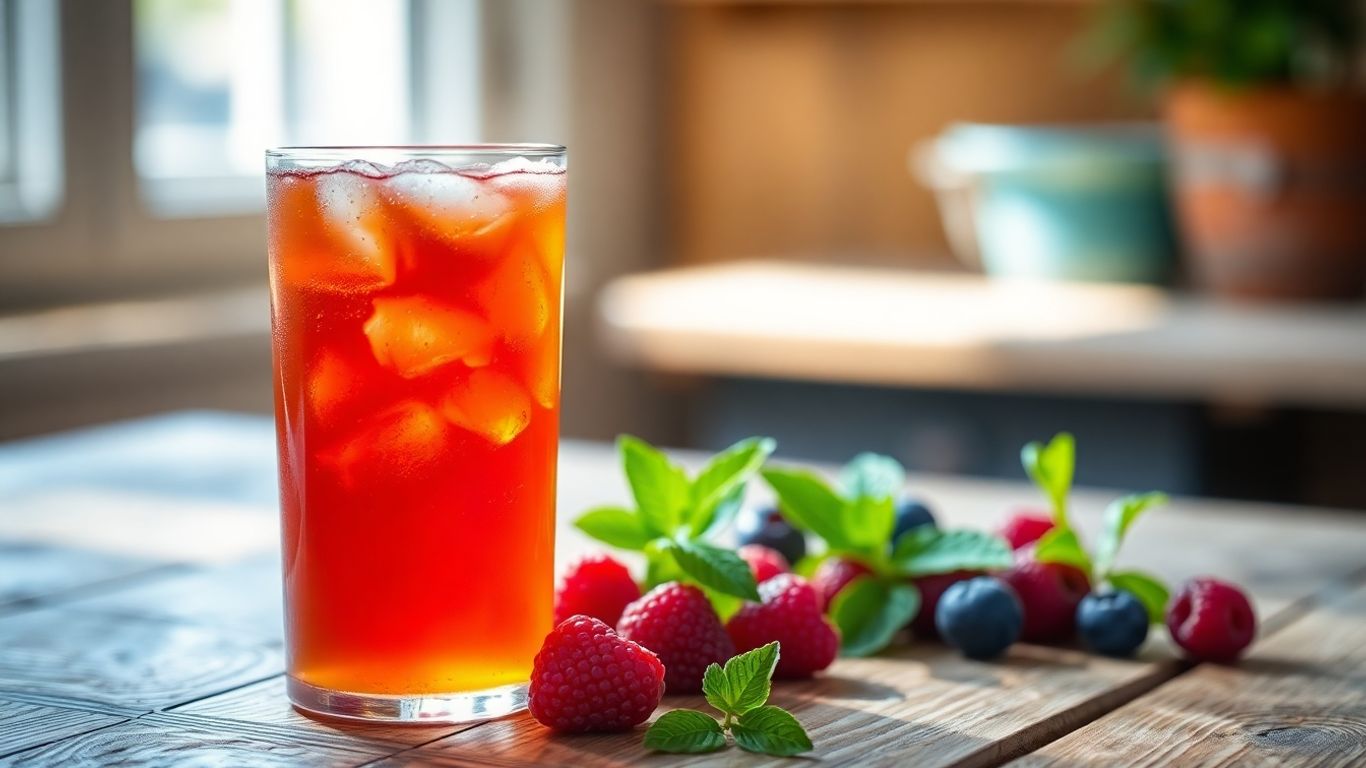 Glass of kombucha with berries and mint.