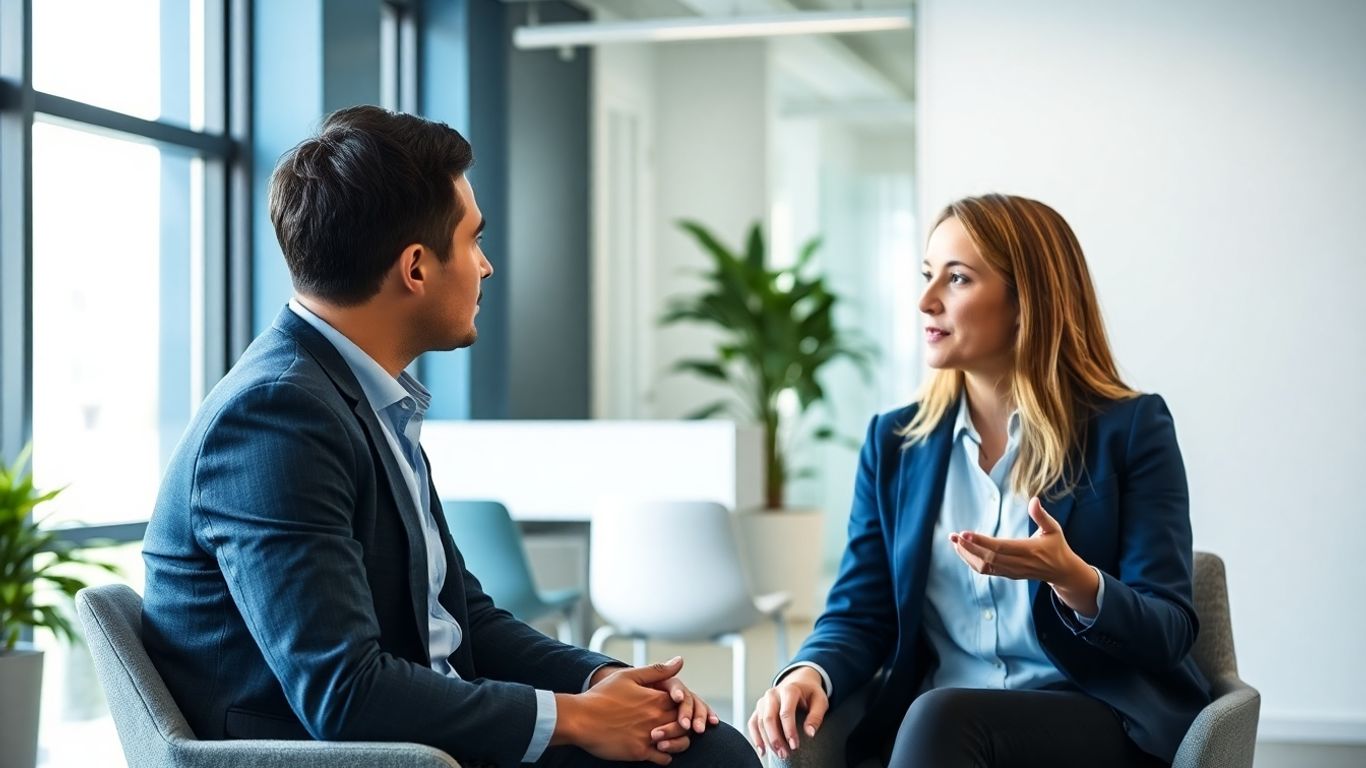 Best Recruiter? Warum uns faire und transparente Prozesse am Herzen liegen Bewerbungsgespräch in modernem Büro mit blauen Akzenten.