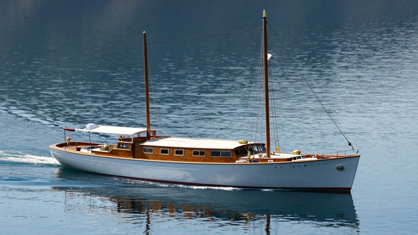 Elegant 1920s wooden yacht on the water.