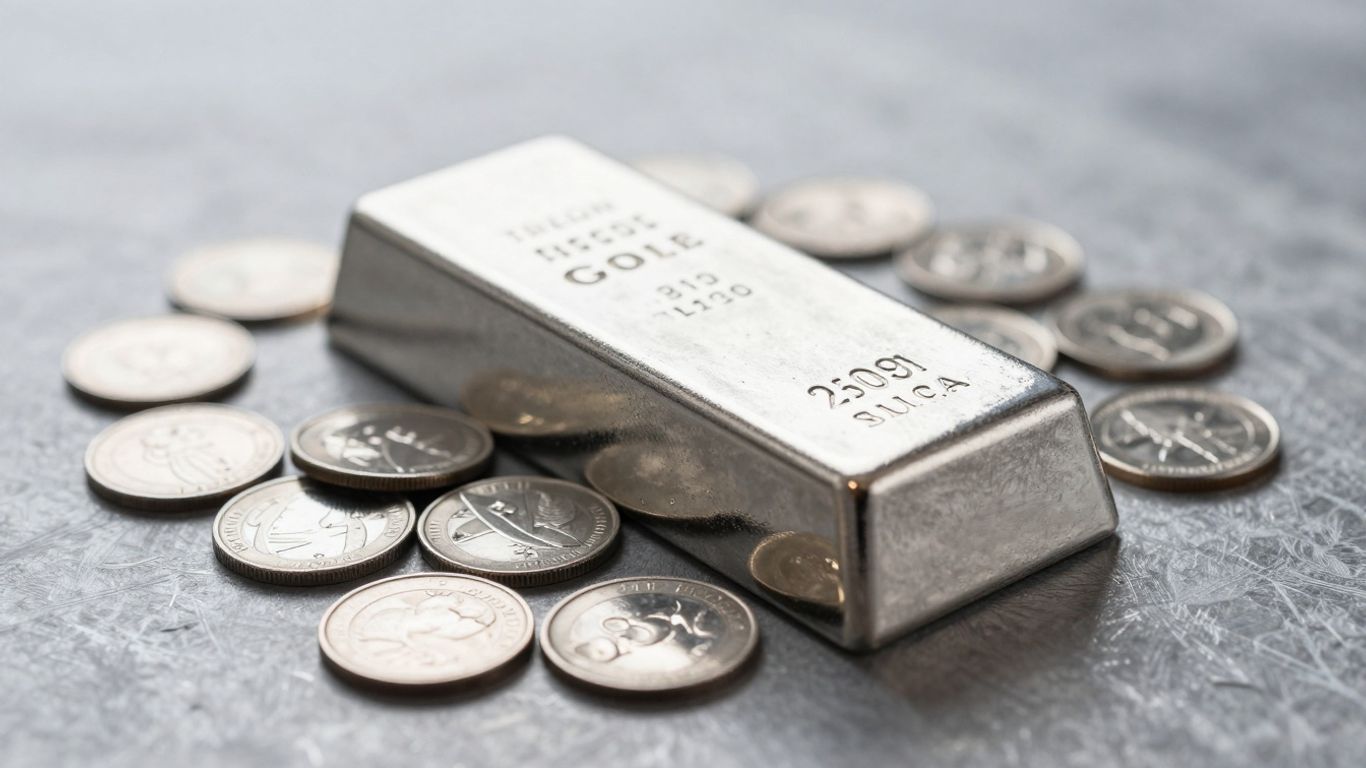 Lingot d'argent sur des pièces d'argent, reflets métalliques.