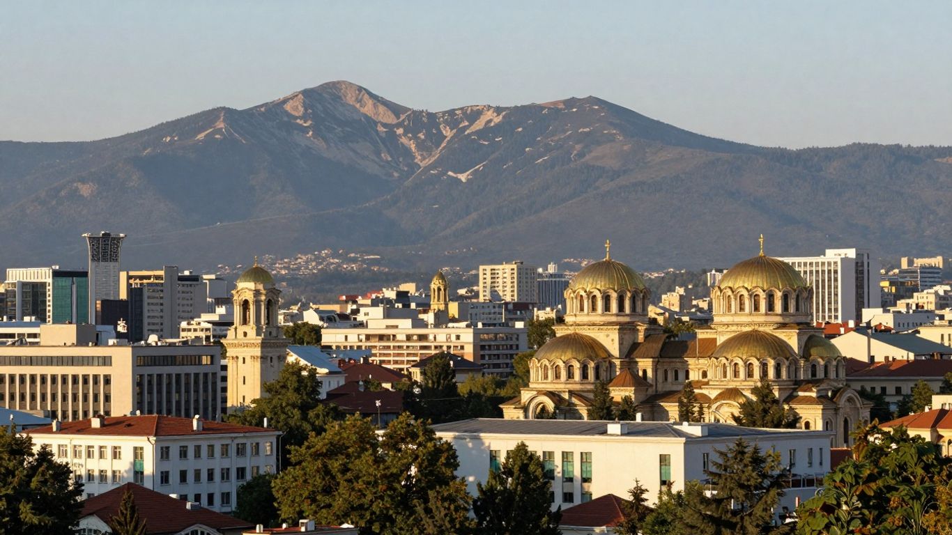 Sofia skyline with Vitosha Mountain and historic churches.