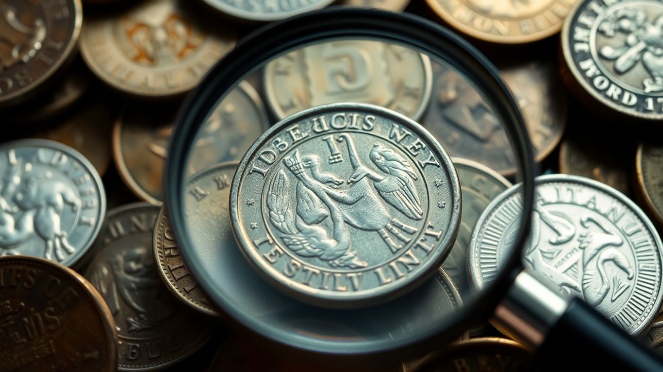 Close-up of diverse coins with magnifying glass.