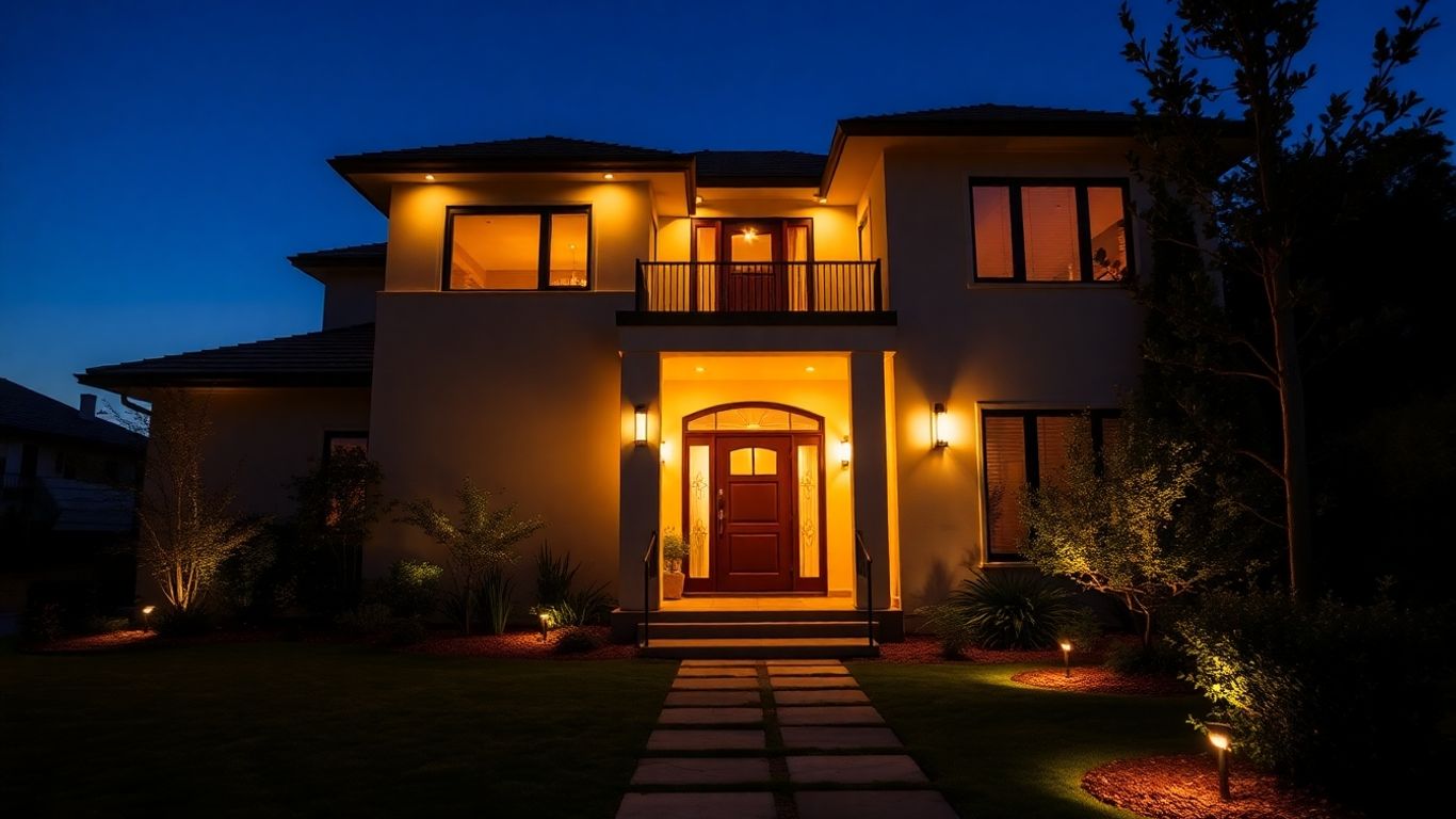 Illuminated house exterior at dusk with stylish lighting.