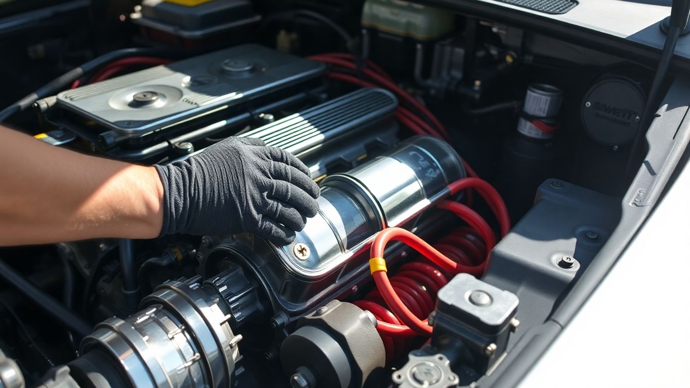 Car engine close-up with mechanic's hands