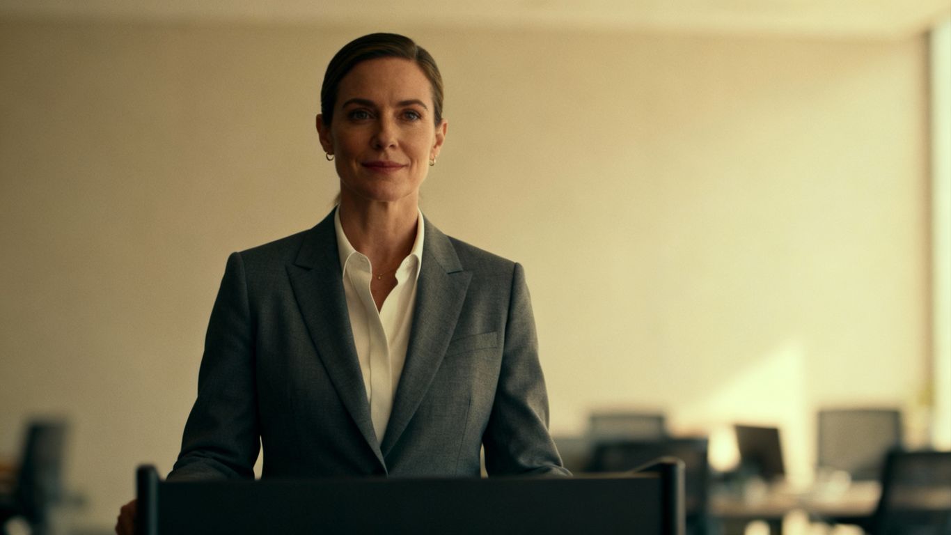 Professional spokesperson at a podium during a crisis.