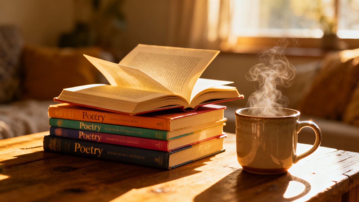 Cozy reading nook with uplifting poetry books and a warm drink.