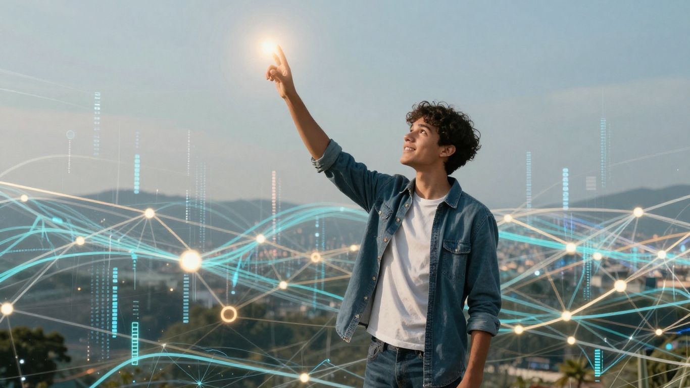 Young person reaching towards AI future