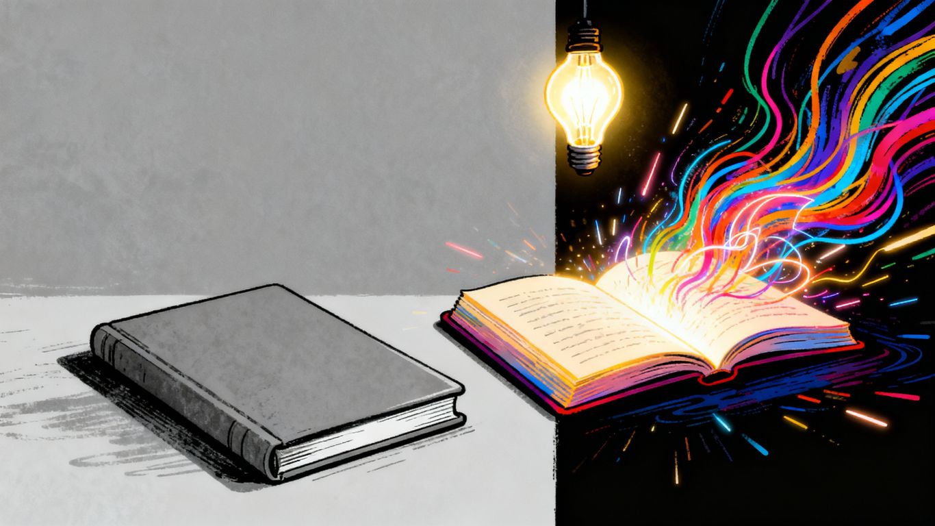 Notebook transforming from dull to brilliant with colorful ideas.