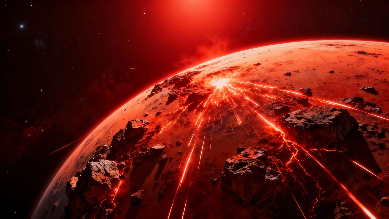 Fiery Mars planet with energetic light streaks.