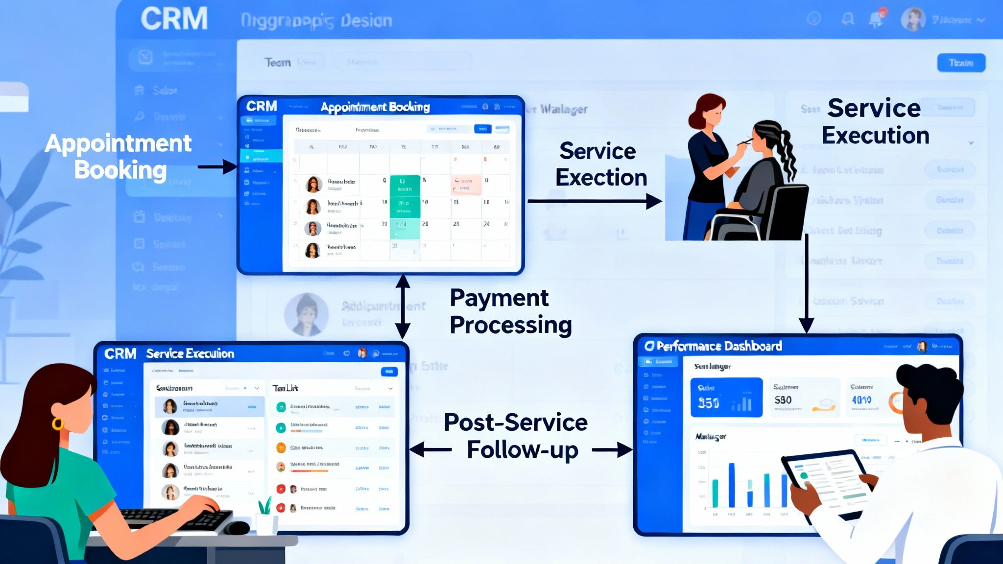 Team managing salon workflow in a CRM environment