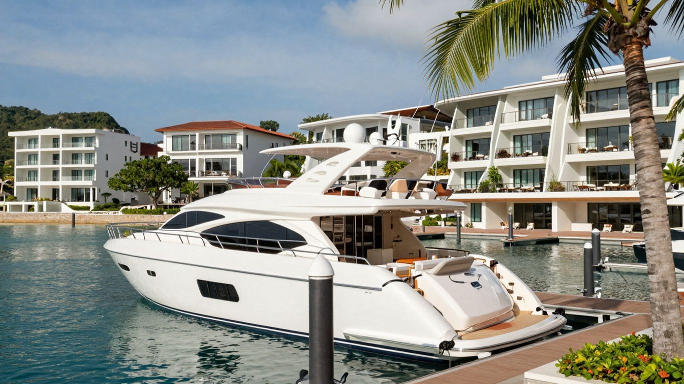 Luxury yacht at Phuket marina with waterfront properties.