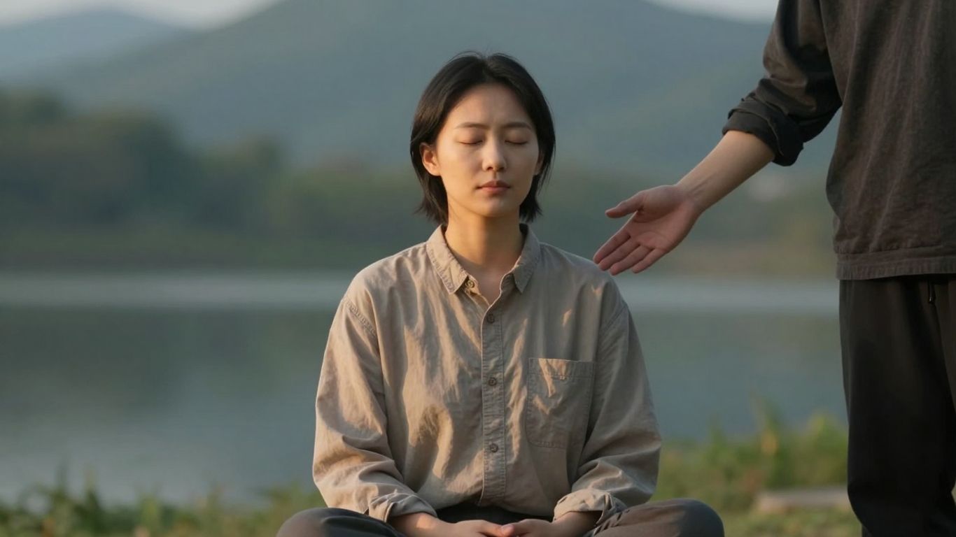Person meditating with supportive hand nearby.