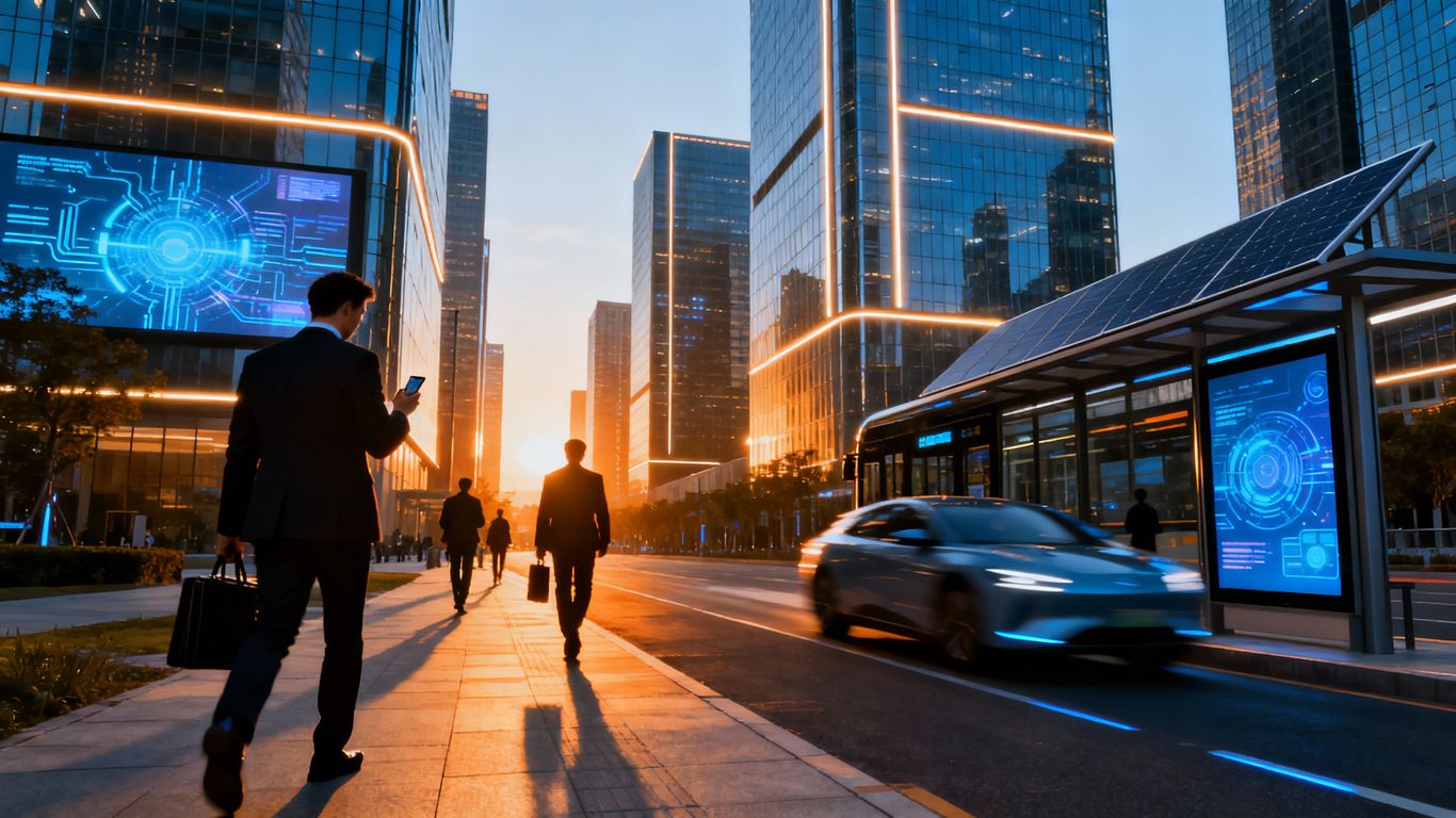 Modern cityscape with professionals, symbolizing IT consulting.