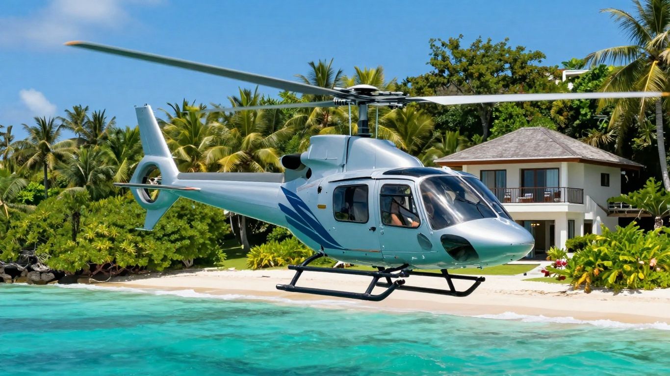 Helicopter landing at a luxury island villa.