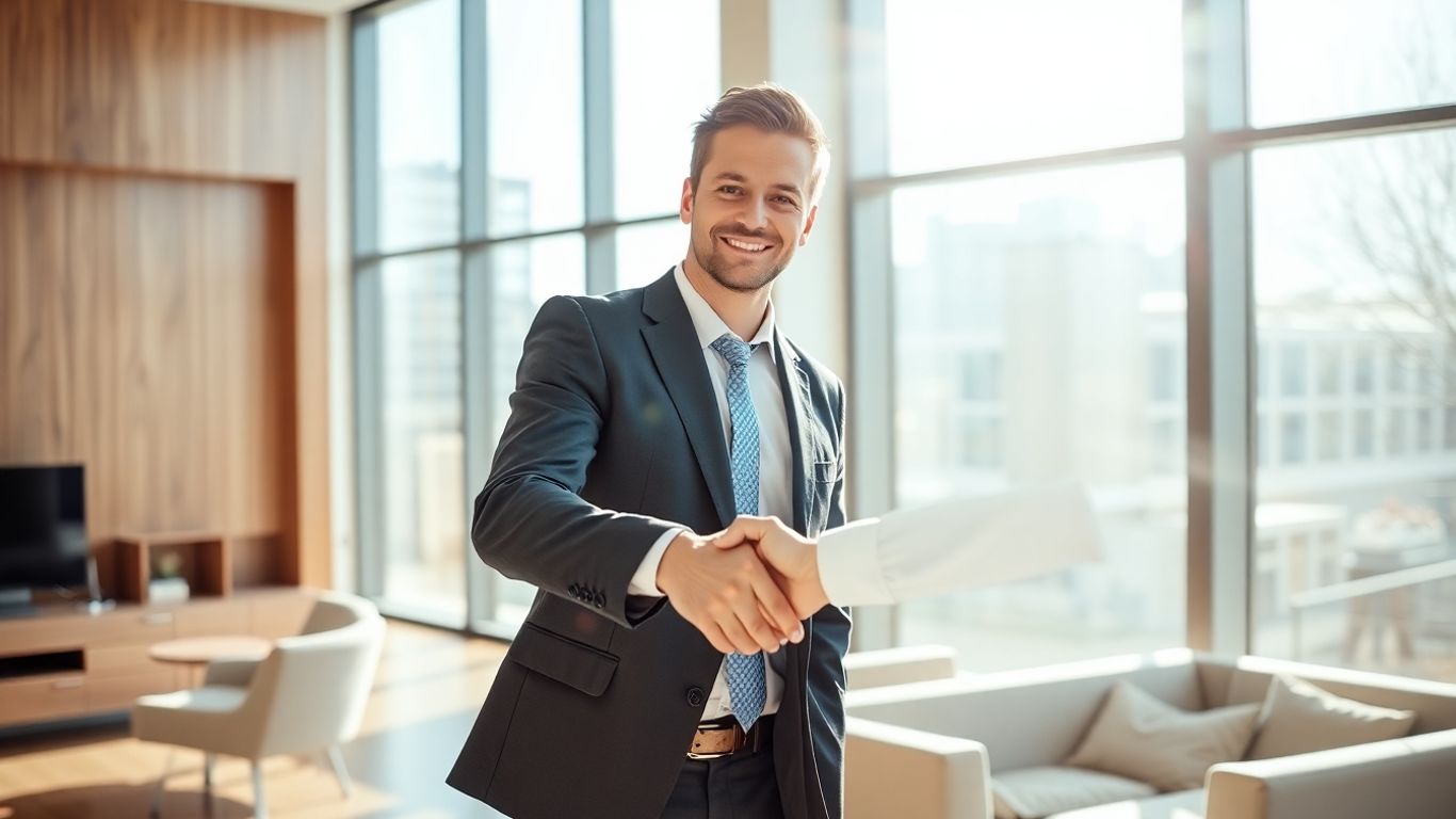 Real estate broker shaking hands with client in office.