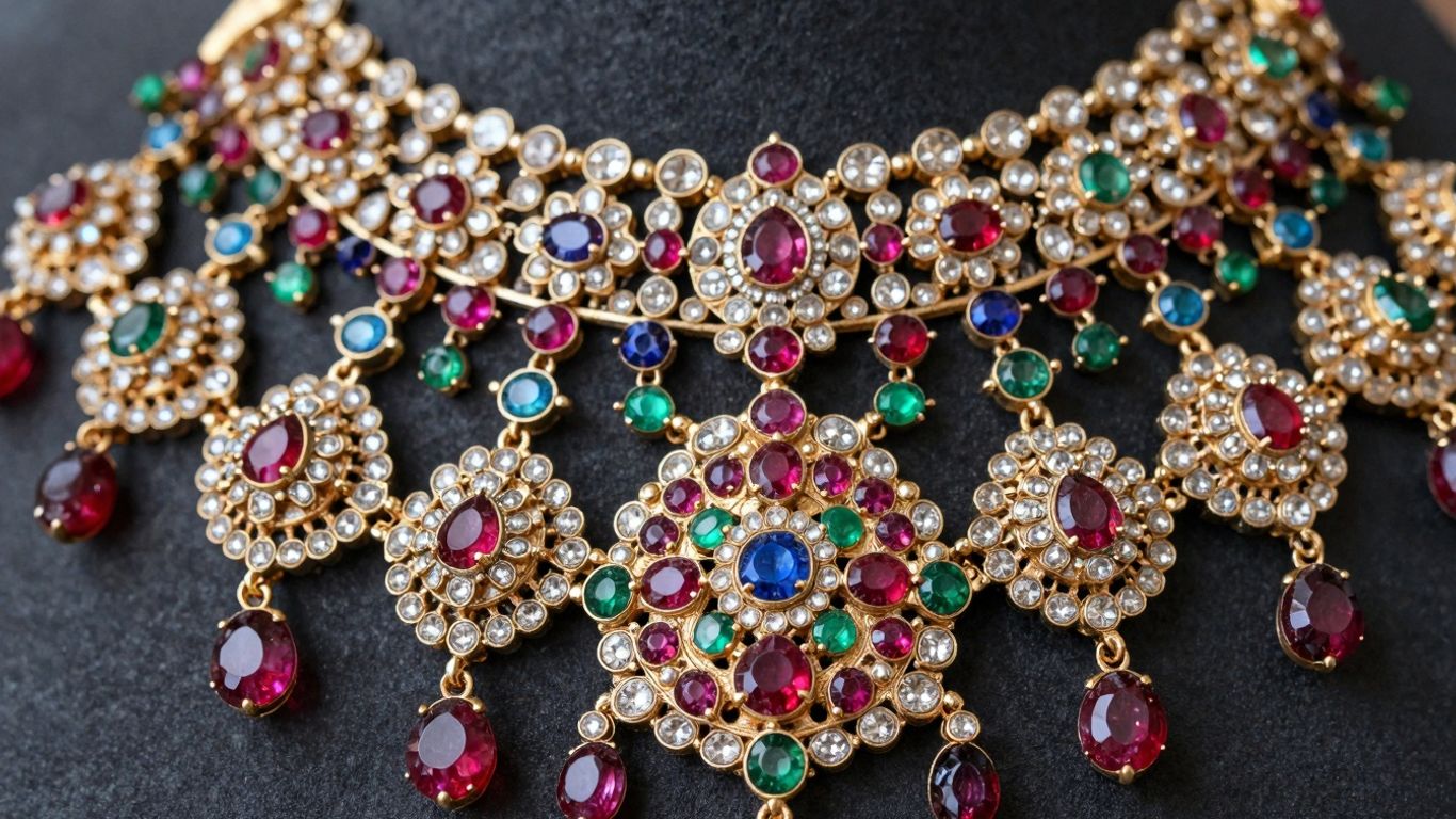 Intricate Indian Kundan jewellery with gemstones.