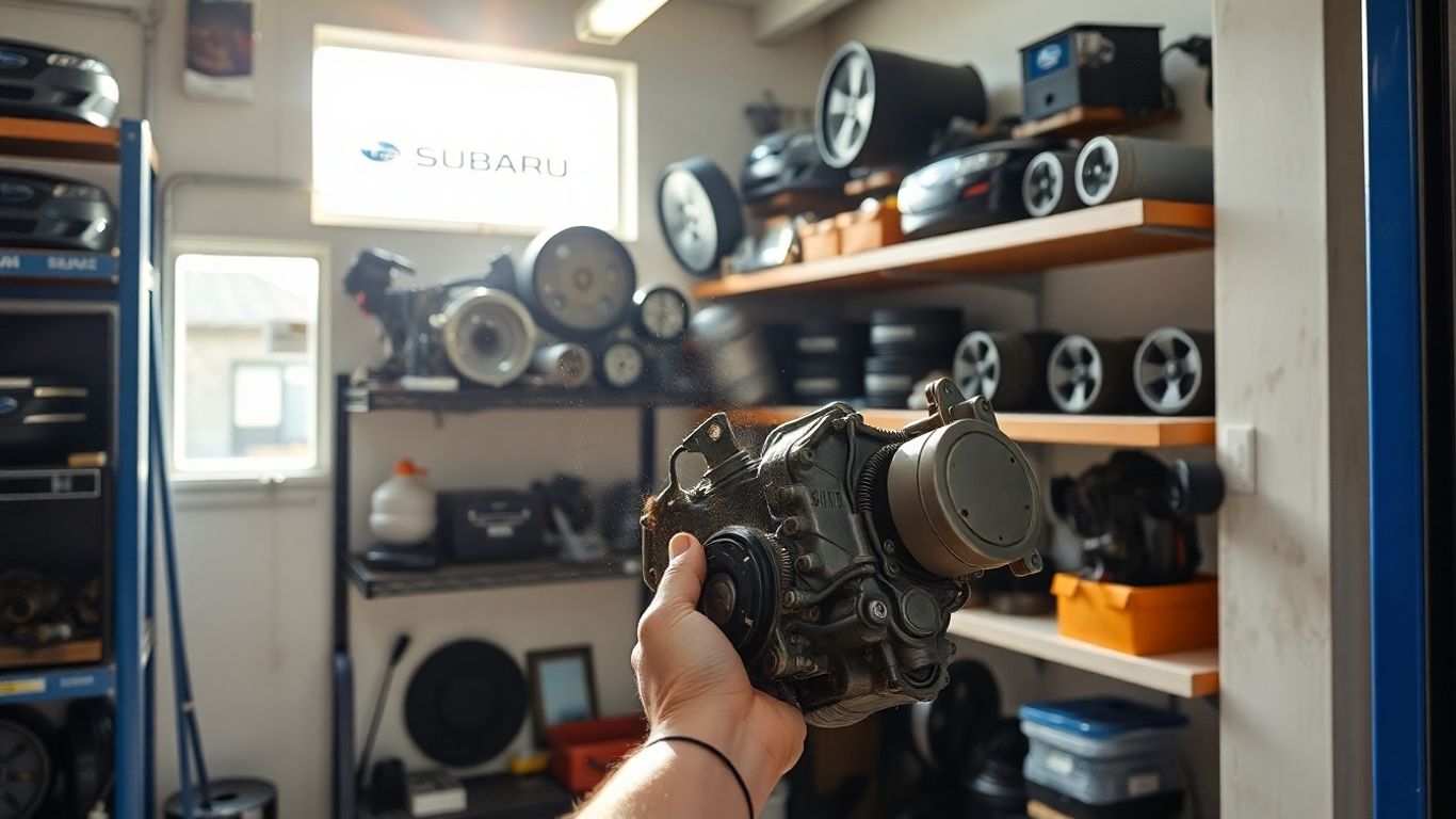 Subaru car parts in a workshop