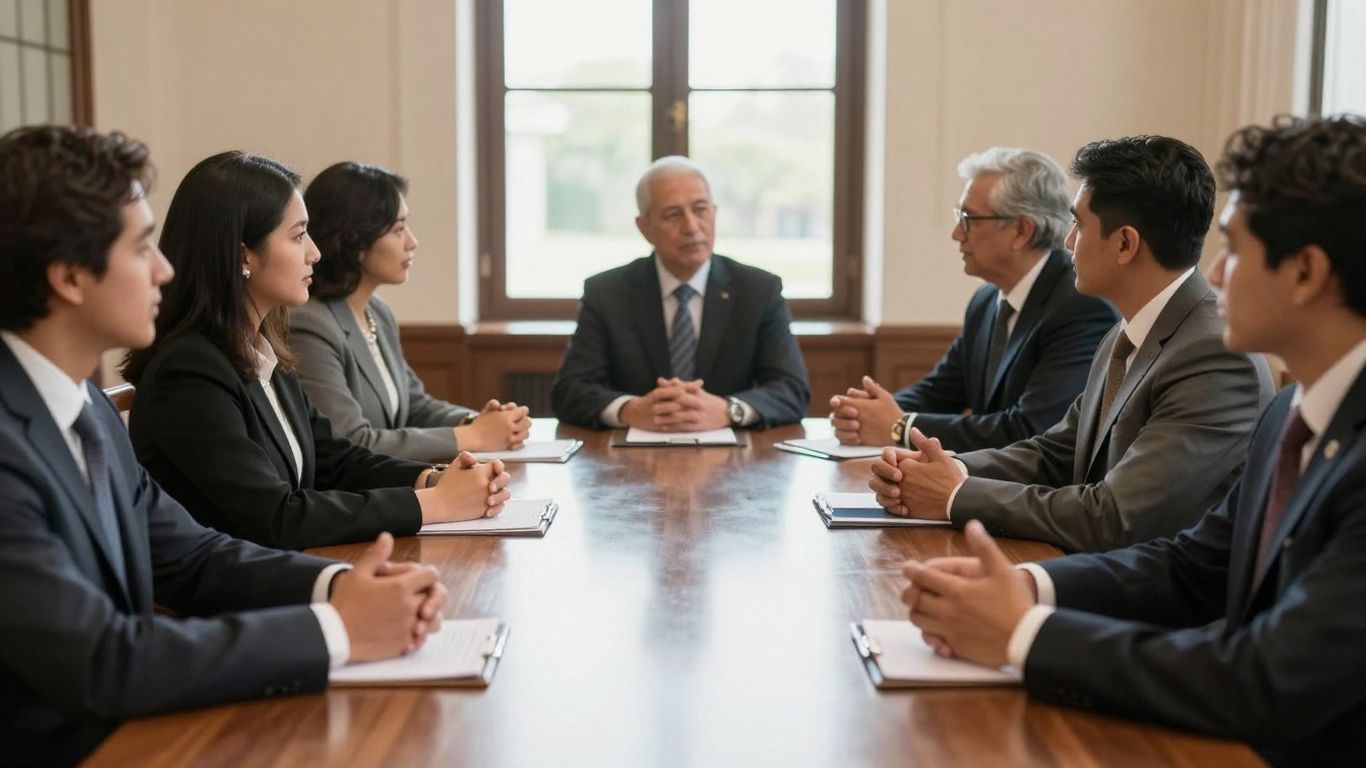 Oameni discutând la o masă într-o sală mare.