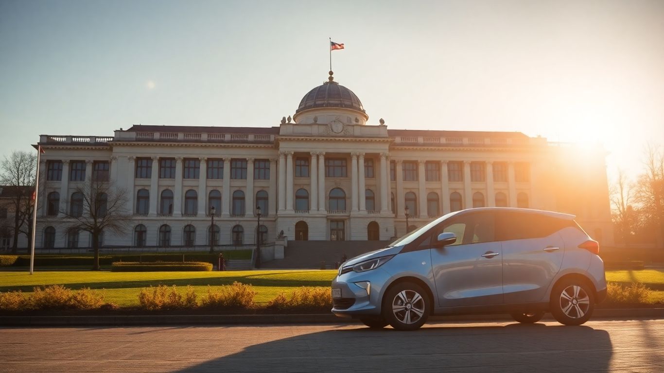 European Parliament building with electric car