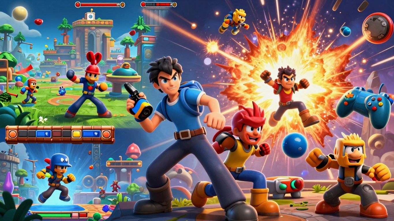 Diverse game characters and elements in a vibrant, action-filled collage.