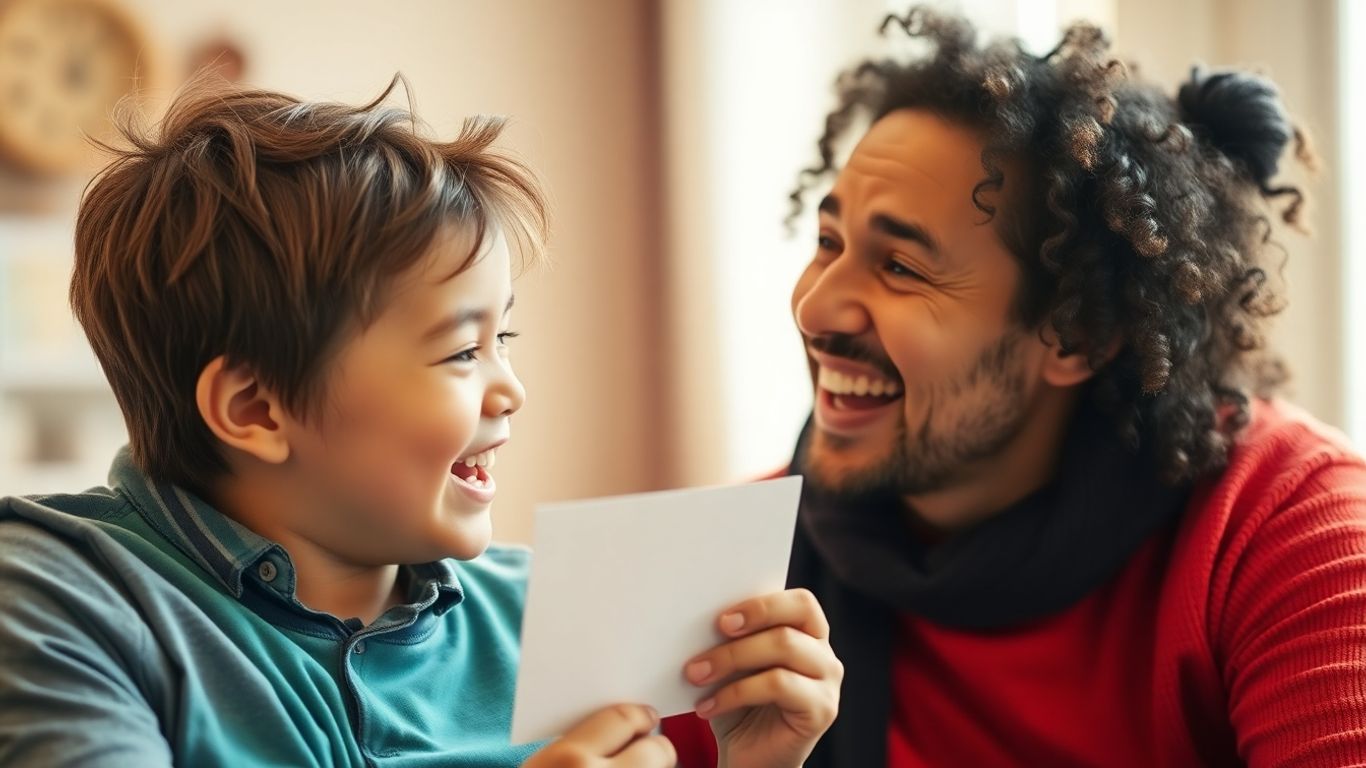 Father and child laughing together, holding a card.