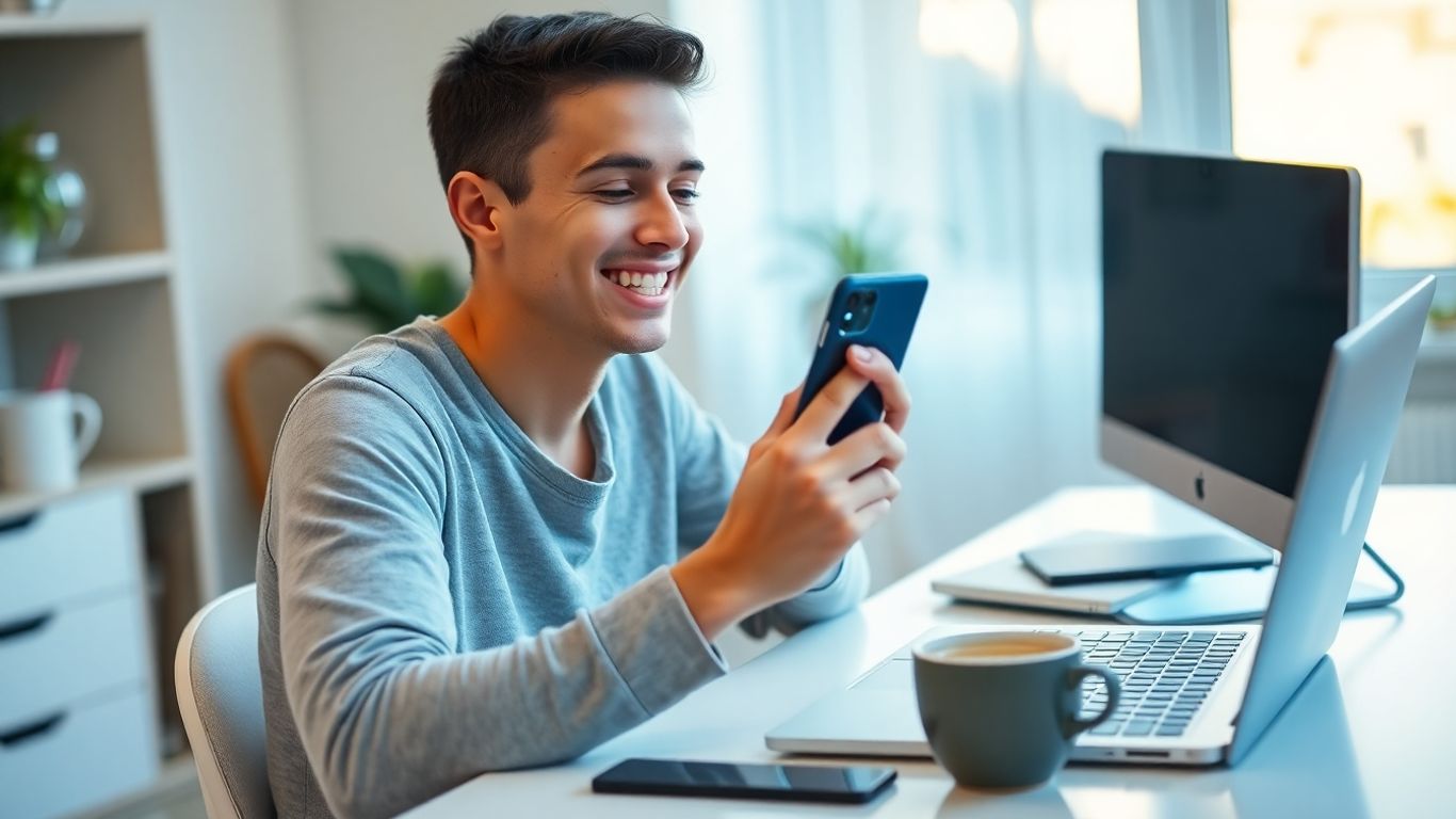 Young adult using budgeting app in modern home