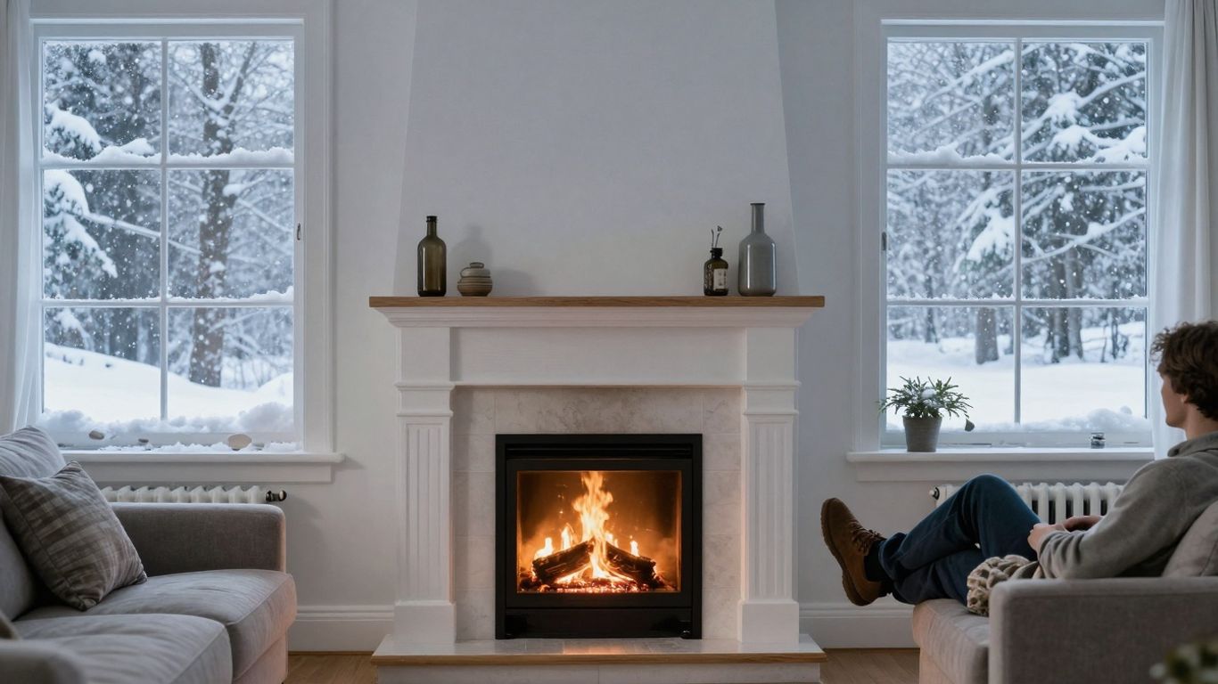 Cozy winter living room with fireplace and heating vent.