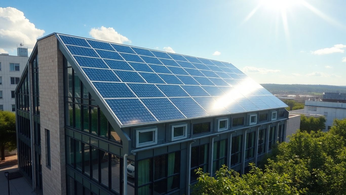 Panneaux solaires sur un bâtiment moderne sous le soleil.
