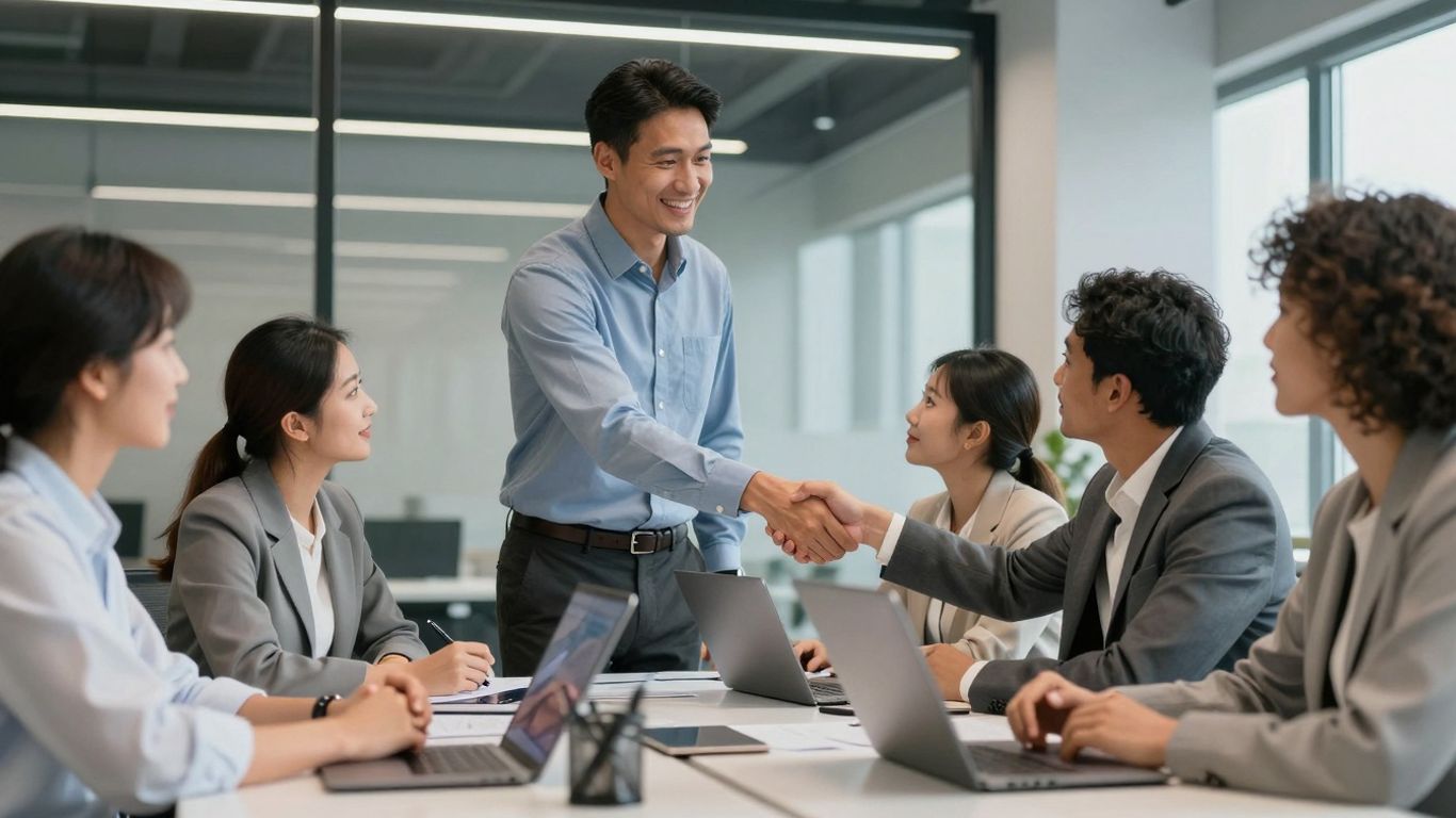 Successful professionals shaking hands in a modern office.
