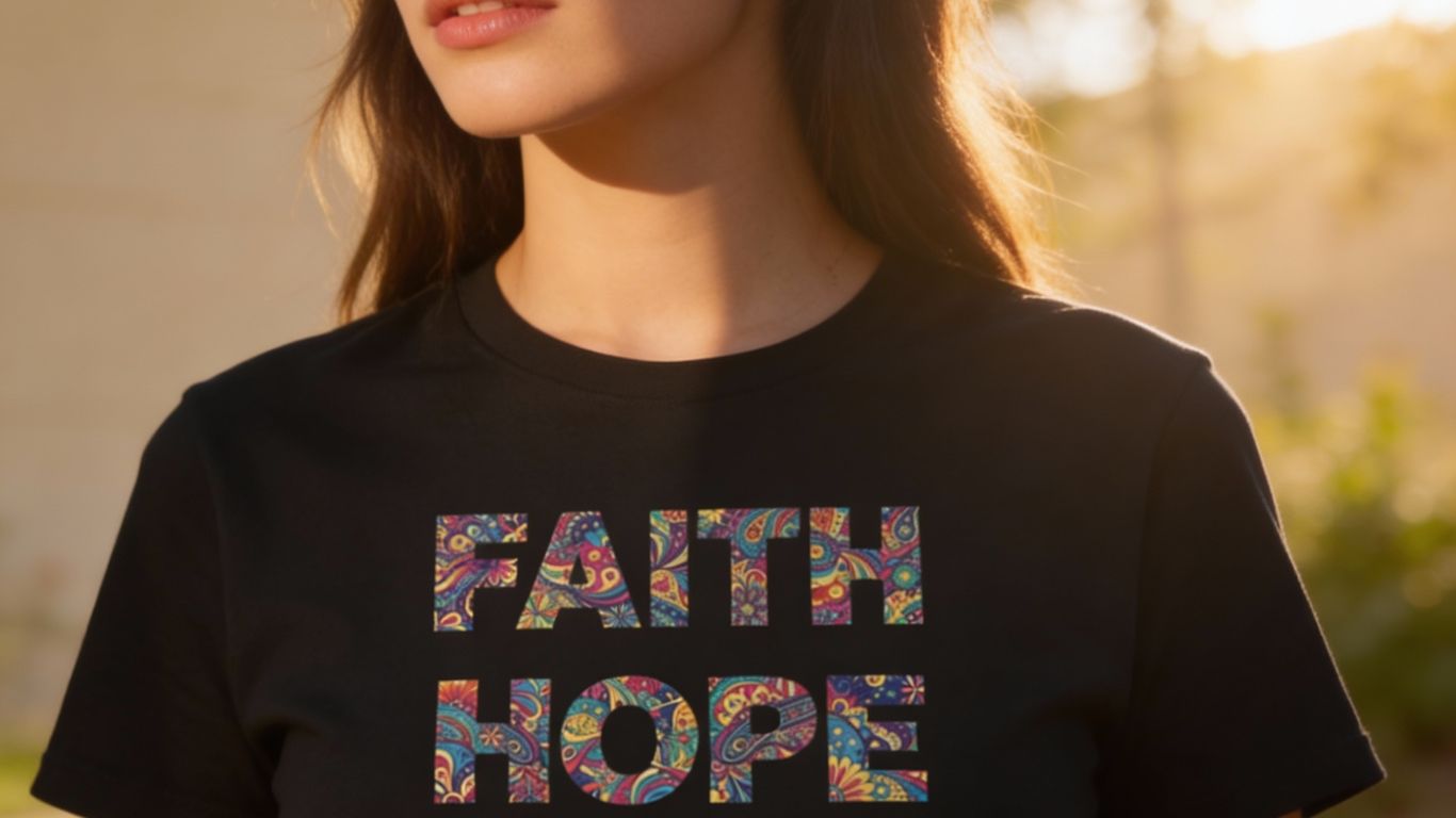 Black t-shirt with colorful paisley print text: Faith, Hope, Love.