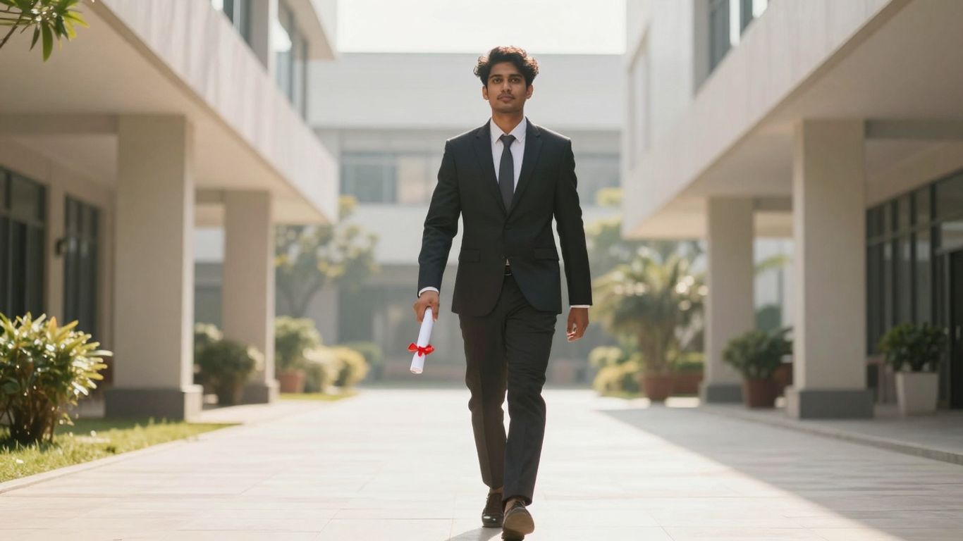 Graduate walking towards a bright future in finance.