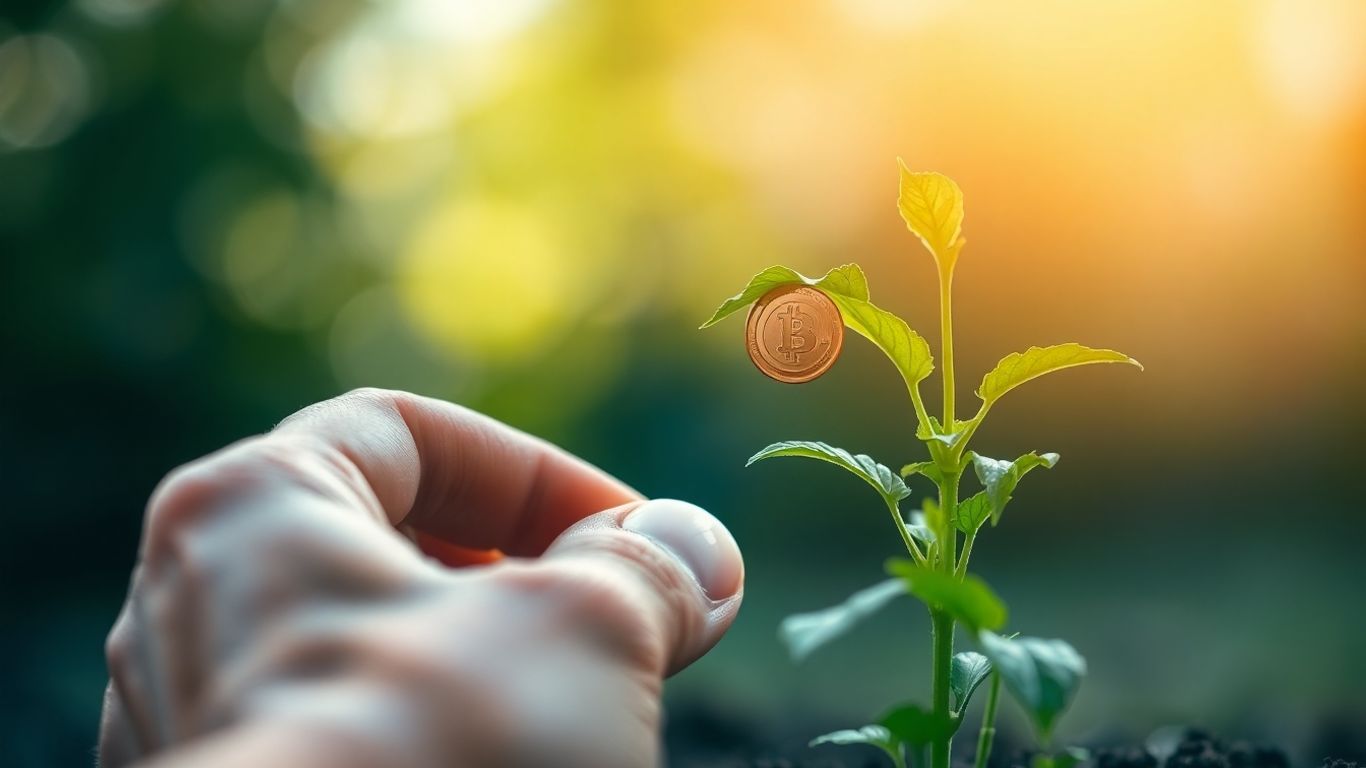 Hand placing coin into growing plant