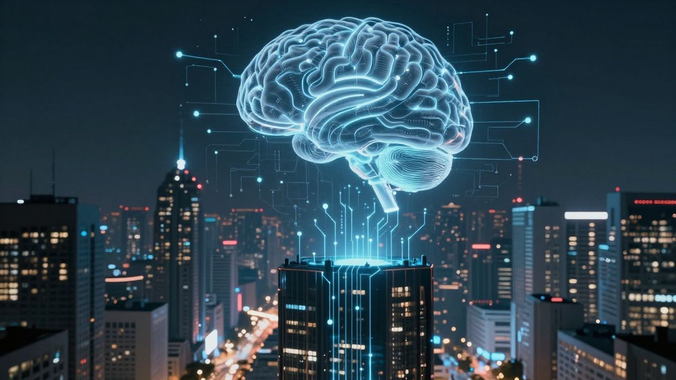 Cerveau IA futuriste dans une ville connectée