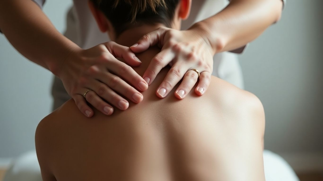 Therapist's hands performing Bowen therapy on a person's back.