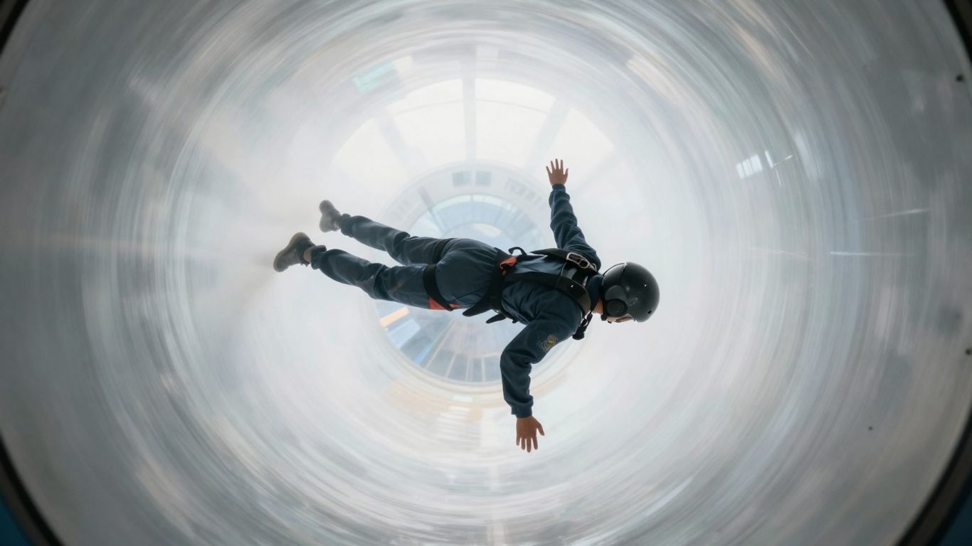 Person schwebt in einem Indoor-Windkanal
