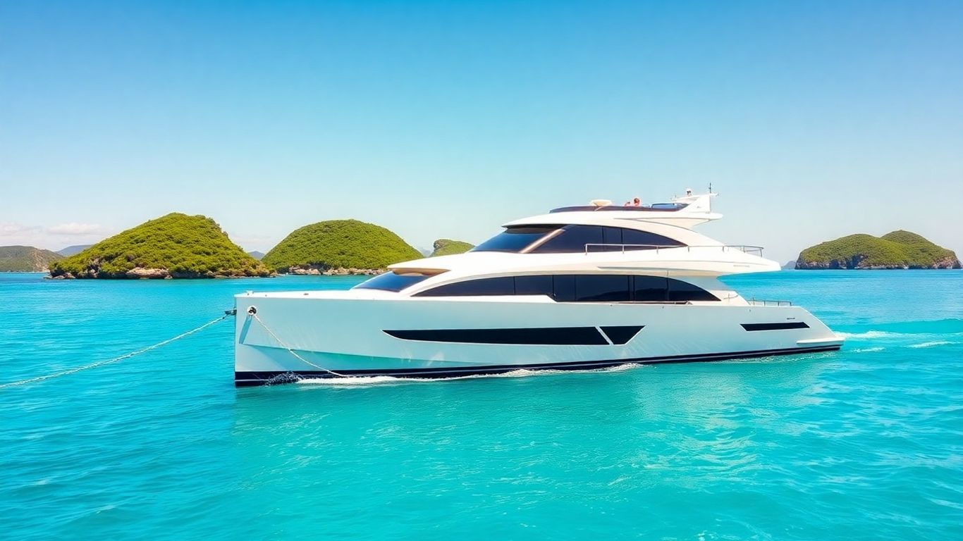 Power catamaran docked at a scenic mooring