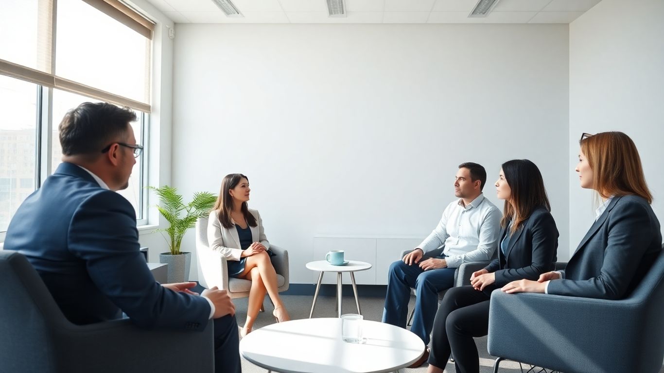 Beraterin und Bewerber im modernen Büro mit blauen Akzenten.