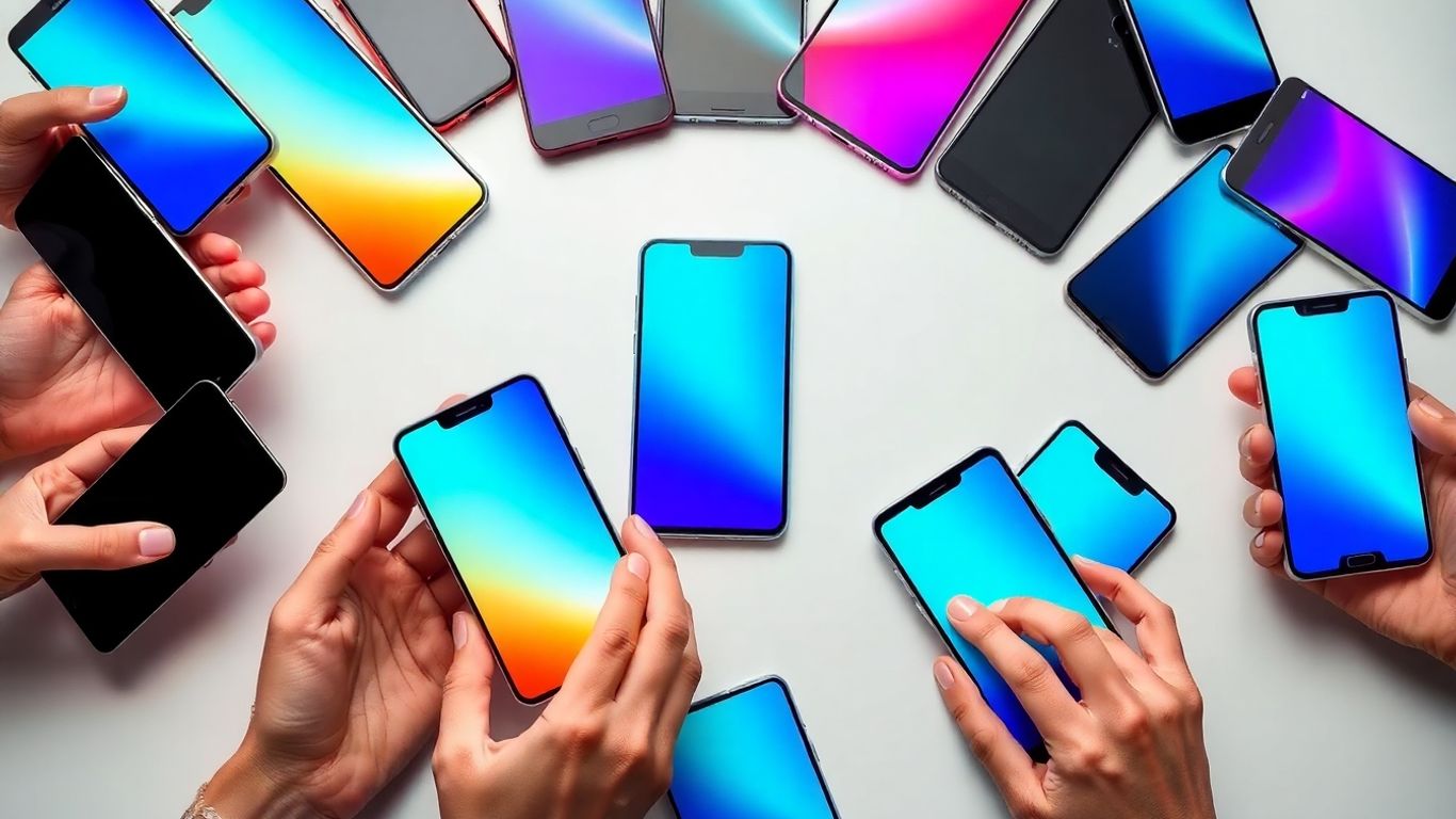 Celulares modernos de diversas marcas e preços.