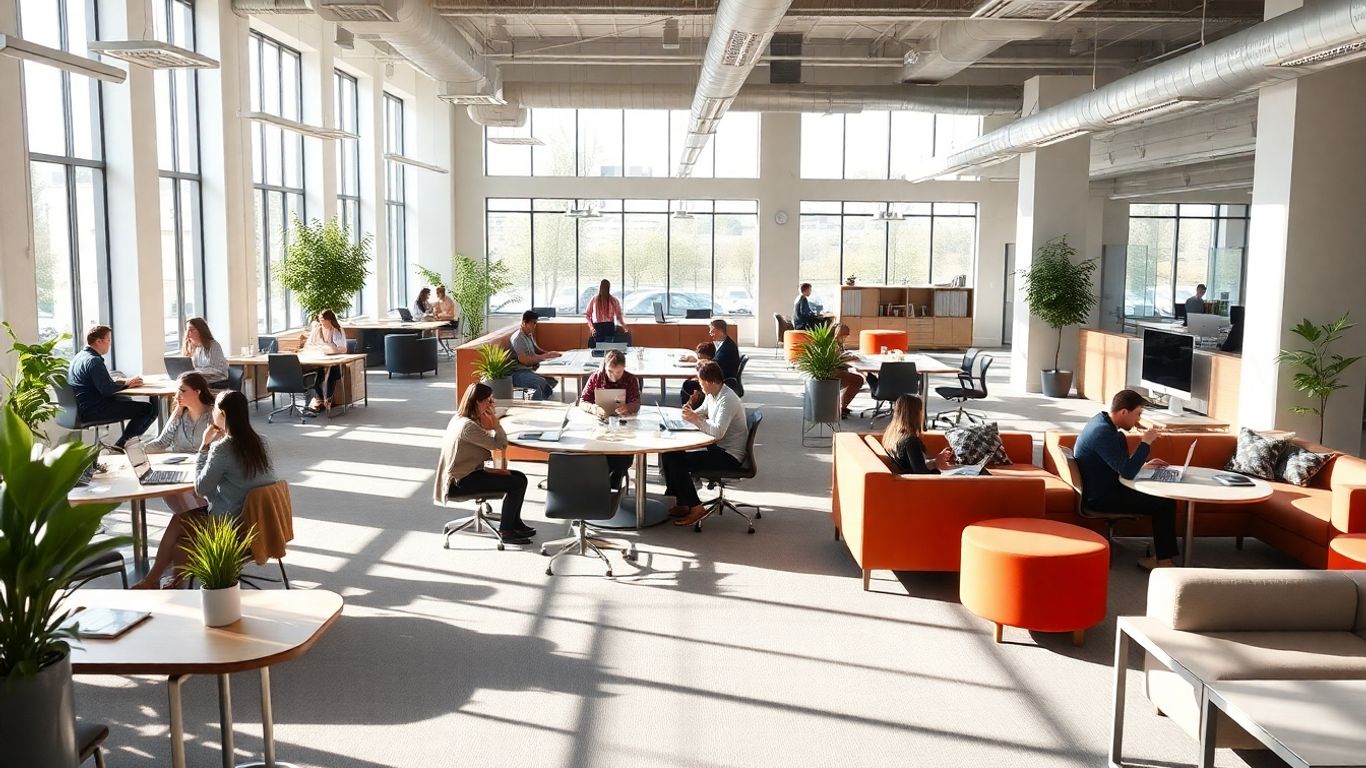 Moderne Bürolandschaft mit flexiblen Arbeitsbereichen und Mitarbeitern.