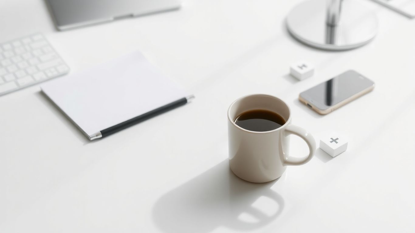 Minimalist workspace with subtle brand elements and coffee cup