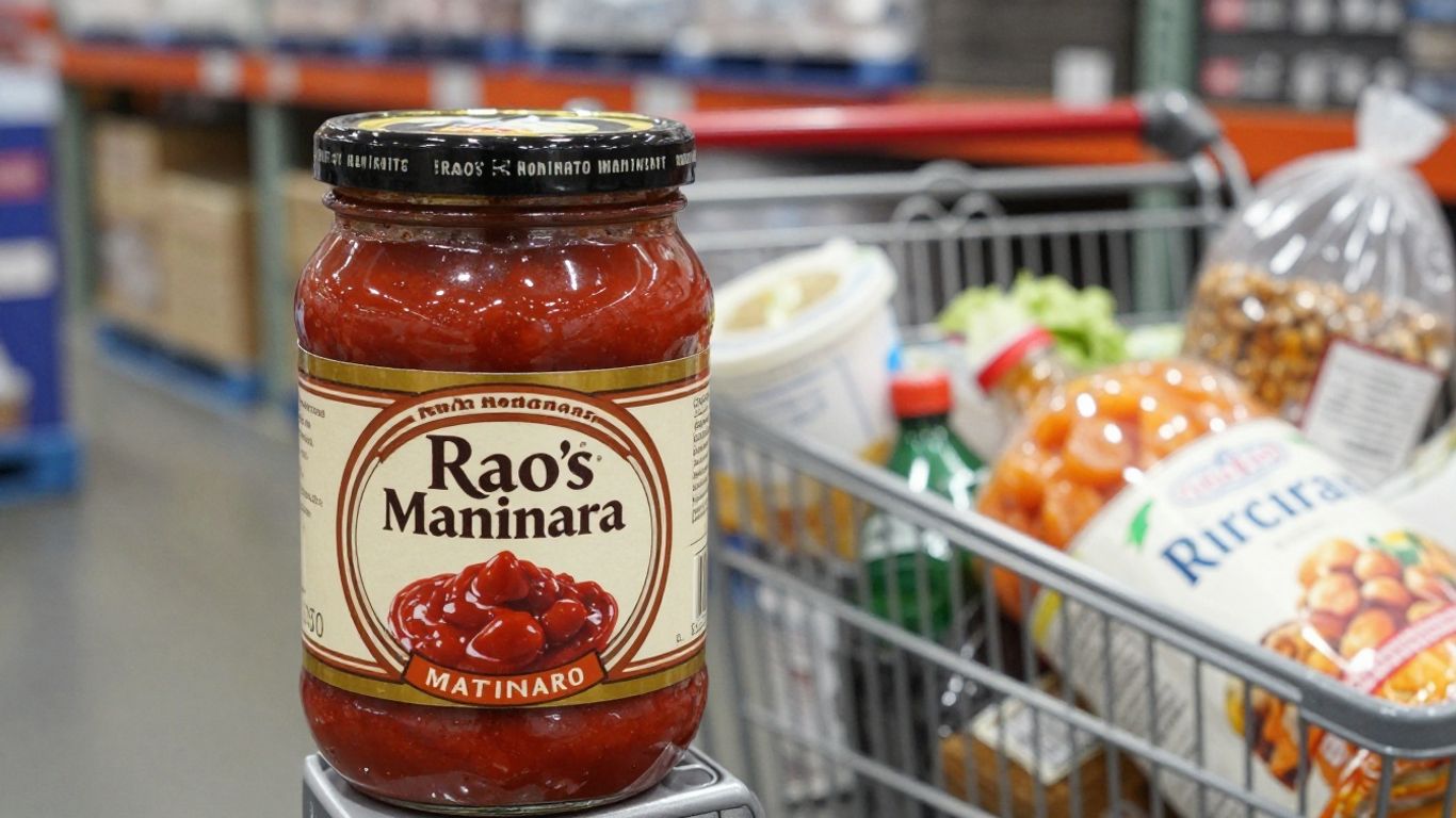 Rao's sauce jar next to a Costco shopping cart.