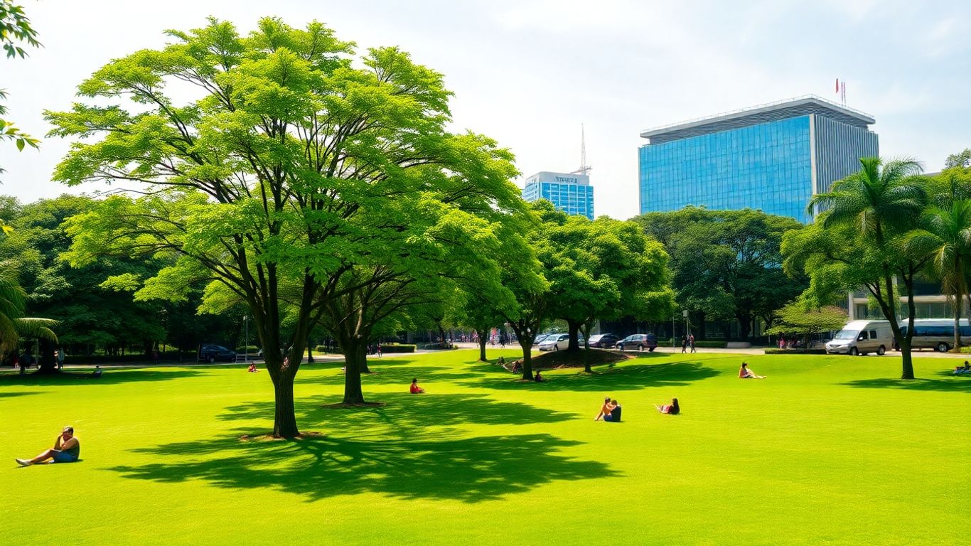 Taman hijau luas dengan pepohonan rindang dan bangunan modern.