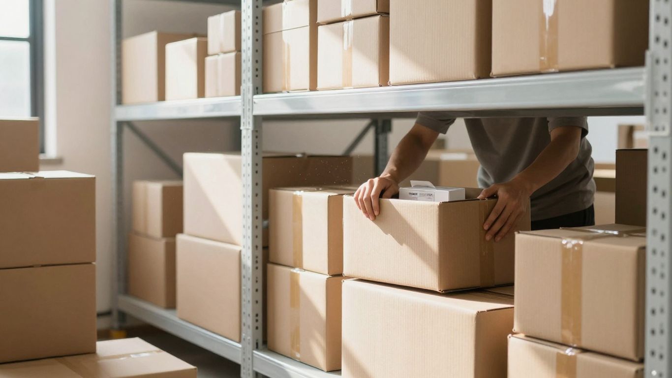 Amazon FBA prep: boxes on shelves, person packing