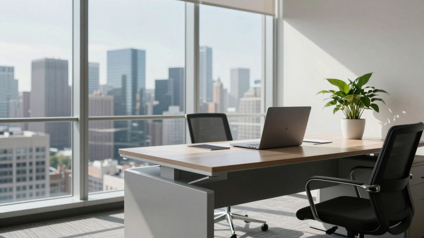 Charles Schwab office with city view and desk.