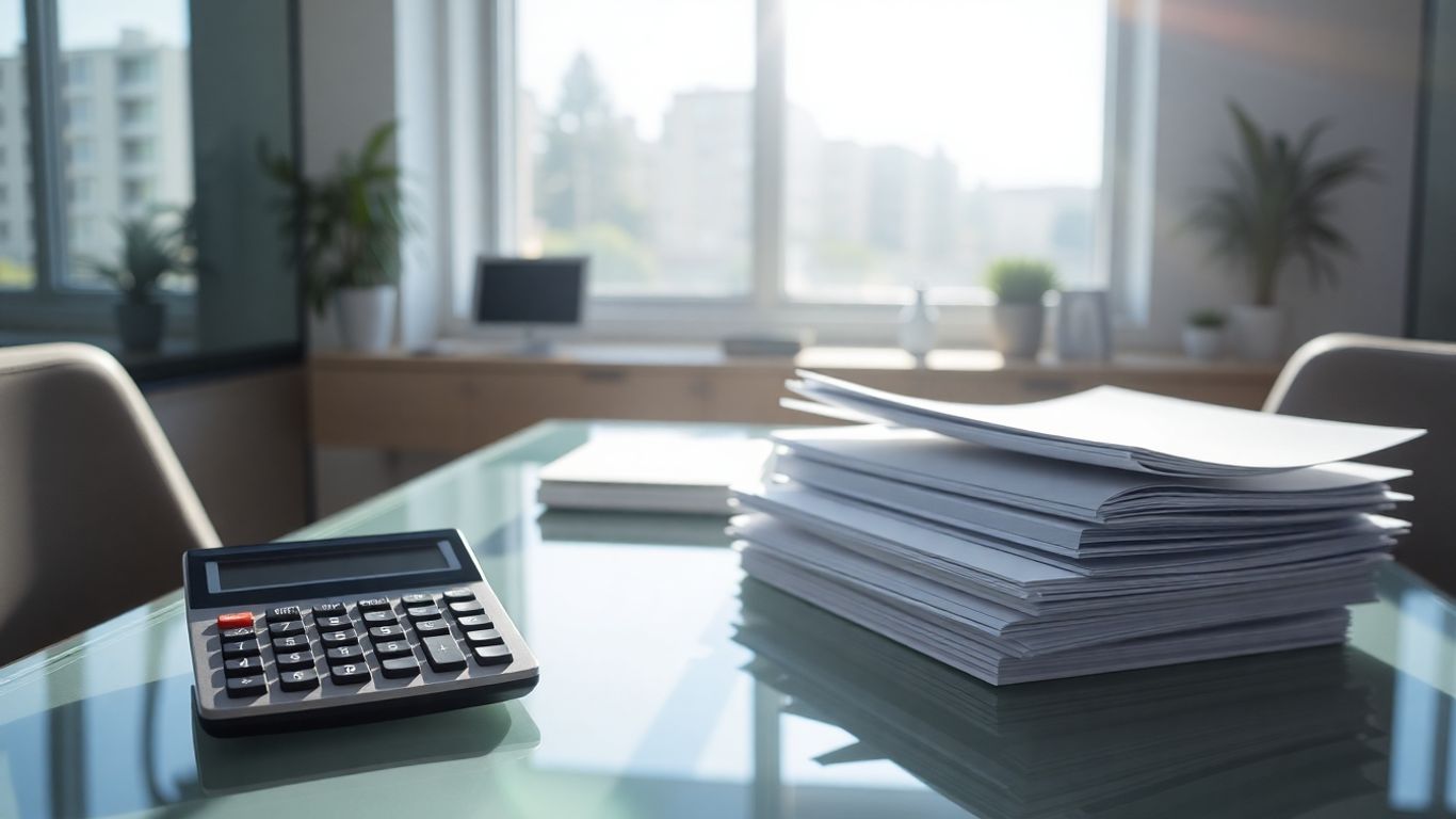 Documentos e calculadora em mesa de escritório.