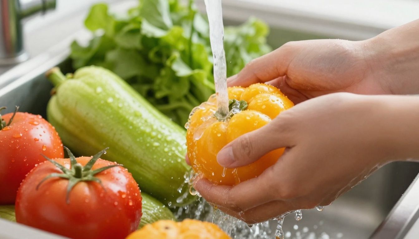Washing fresh fruits and vegetables under running water.