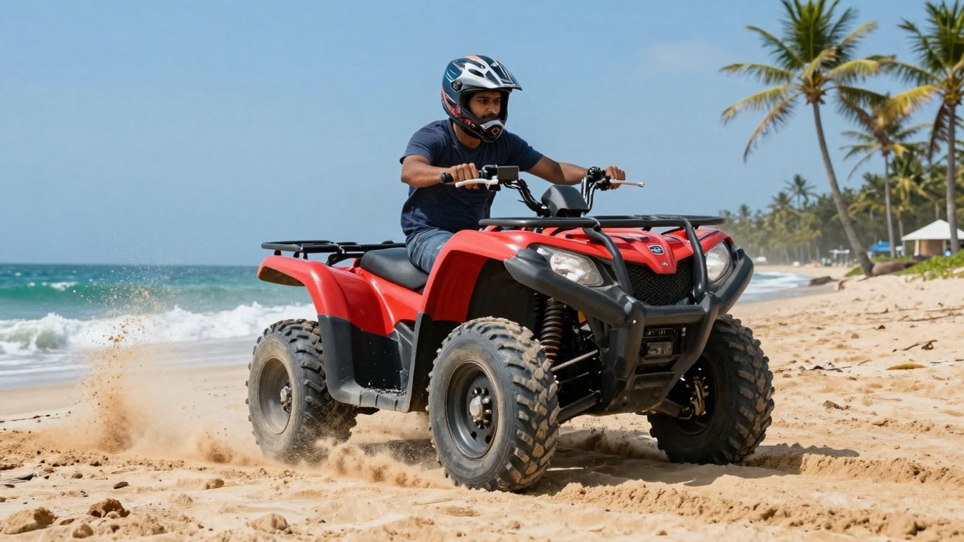 ATV driving on a beach with ocean waves.