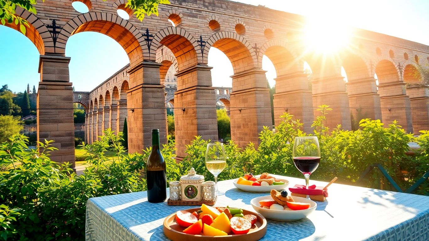 Acquedotto di Segovia con tapas e vino in una giornata di sole.